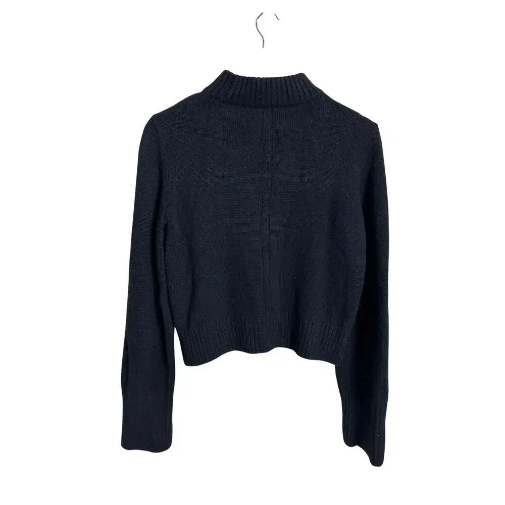 Lilysilk Ribbed Collar Hemline Wool Cashmere Sweater Black Cropped Mock Neck M